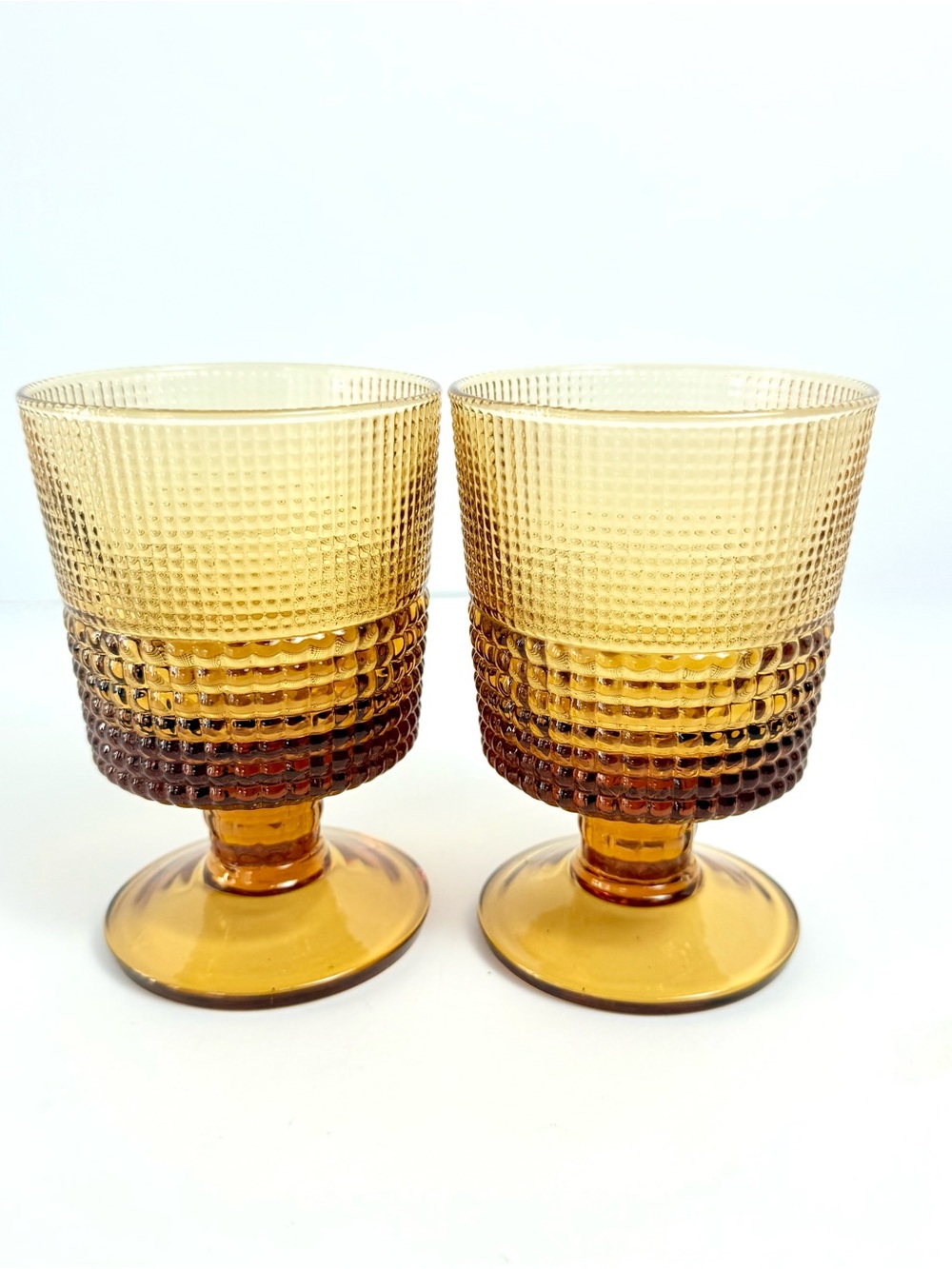 Bloomingdale’s Speedy Footed Amber goblets Set Of 2. Mint Condition Retro vibe